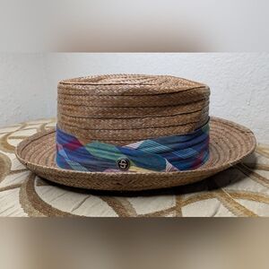 STETSON Madrigal 4" Crown Coconut Braid Straw Pork Pie Hat Cotton Madras Band L